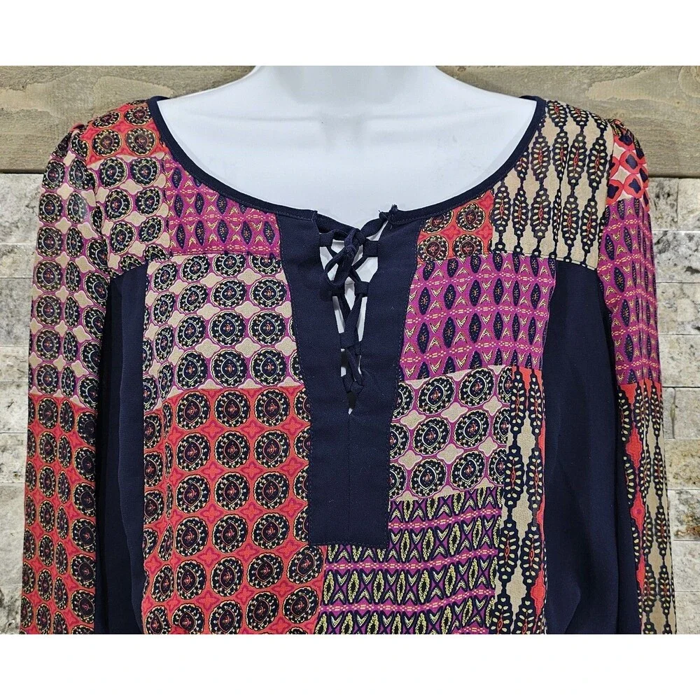 Maeve Anthropologie Patchwork Dress Blouson Lace-Up Chiffon Boho Peasant Women M - Picture 5 of 15